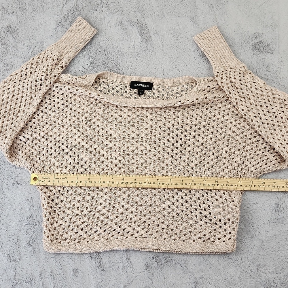 Express XS Cream Metallic Open Knit Sweater Long Sleeve Crochet Pullover - Picture 4 of 10